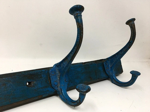 Old Wooden Brass Coat Hanger Hook Blue Painted Wall Fix Tie Hanger Hand Crafted 4