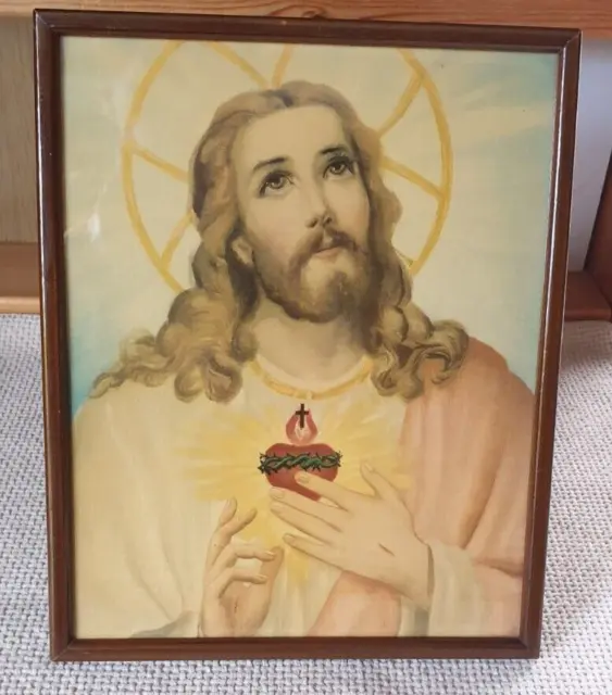 Vintage Sacred Heart Of Jesus Framed Print 22 X 26.5 Cm