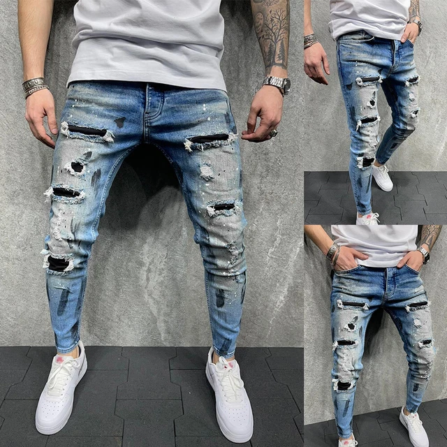 MENS RIPPED SKINNY Jeans Trousers Super Stretch Slim Fit Distressed Denim  Pants EUR 24,01 - PicClick IT