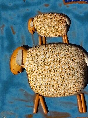 Vintage European Sheep Folk Art 3D on Terra Cotta Tile Artist Signed