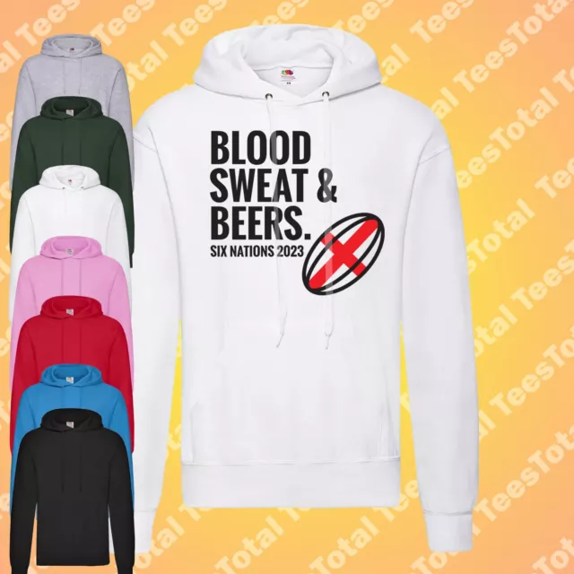 Mens England Rugby Supporters Hoodie Blood Sweat And Beers Six 6 Nations Tshirt