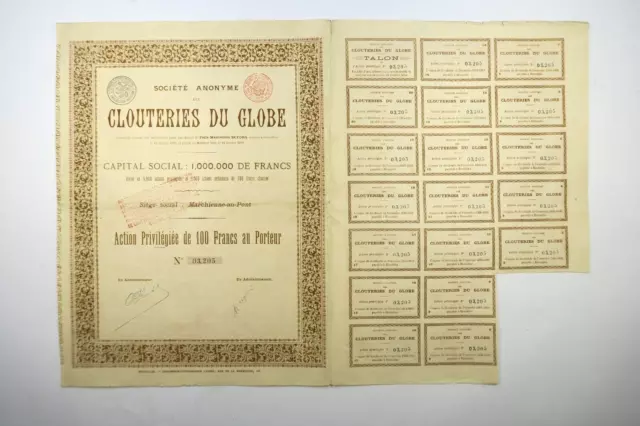 Societe Des Clouteries Du Globe Action De 100 Francs Marchienne Au Pont 1899