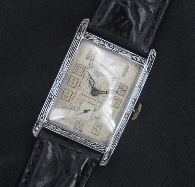 1920’S SWISS ART Deco Engraved Case Fancy Dial Men’s Large Vintage
