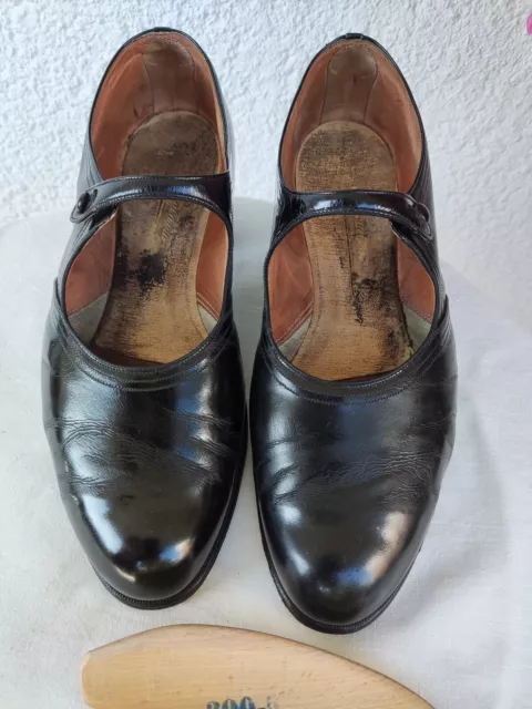 True Vintage scarpe basse donna antica pelle cinturino nero taglia S 6G circa 37