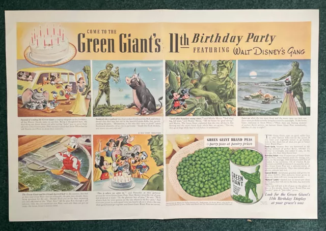 Come to the Green Giant's 11th Birthday Party Walt Disney's Gang ad 1941 Life Ad