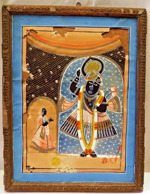 Vintage Miniature Painting Of Lord Krishna/Shreenathji Water Color Collectible