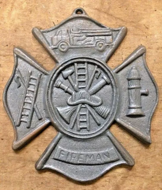 Fireman Plaque Maltese Firefighter Cross, cast iron sign 8 x 9 inches