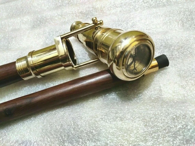 Bastone da passeggio in legno con TELESCOPIO NASCOSTO in ottone antico...