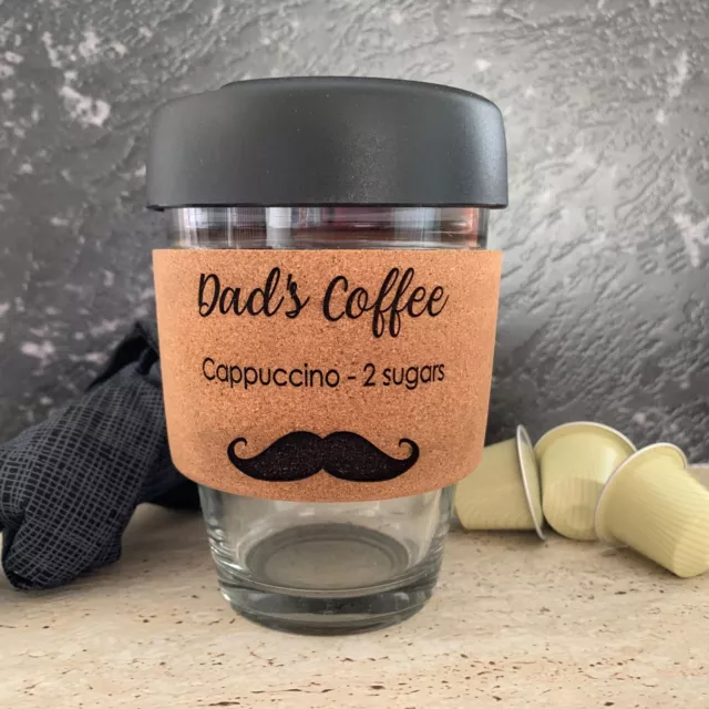 Personalised Fathers Day Coffee Keep Cup, Glass Mug Engraved Cork Band Dad Gift