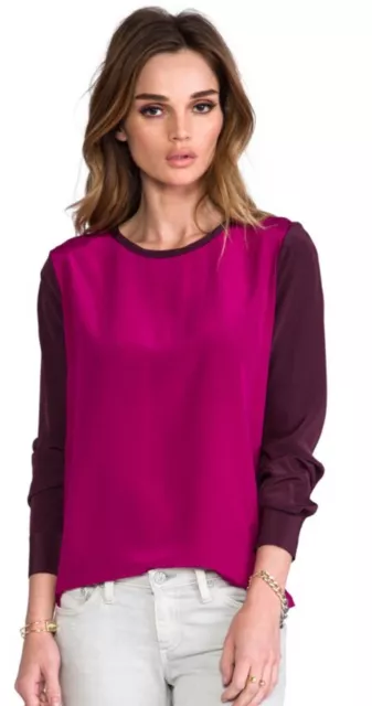 Diane von Furstenberg Louisa Silk Top Brazen Plum Rouge Colorblock Longsleeve 0