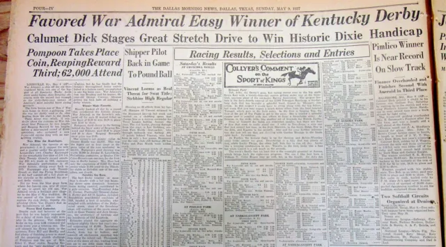 2 1937 display newspapers WAR ADMIRAL win KENTUCKY DERBY horse race TRIPLE CROWN