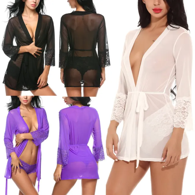 Womens Lace Kimono Sexy Lingerie Robe Set Sheer See Through Babydoll Sleepwear