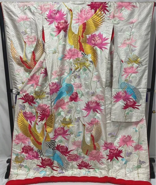 Giapponese Kimono Seta Uchikake Vintage Splendido Matrimonio Crane Fiore Ricamo