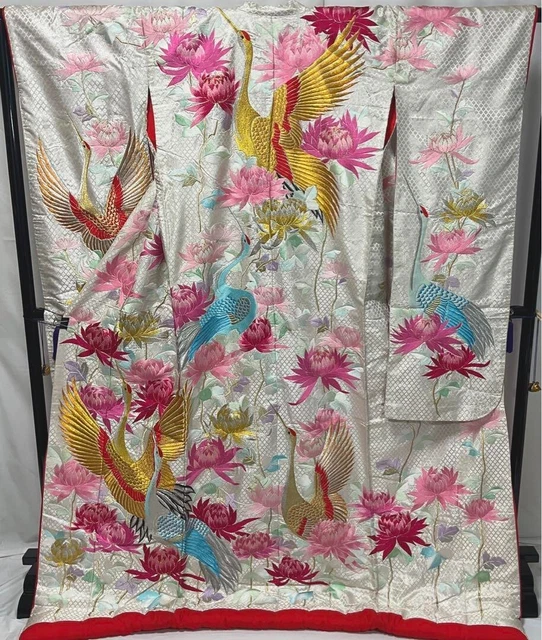 Giapponese Kimono Seta Uchikake Vintage Splendido Matrimonio Crane Fiore Ricamo