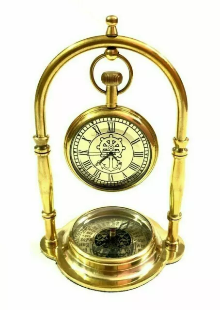 Nautisch Maritim Glänzend Messing Schreibtisch Uhr Mit Kompass Antik Wohndeko