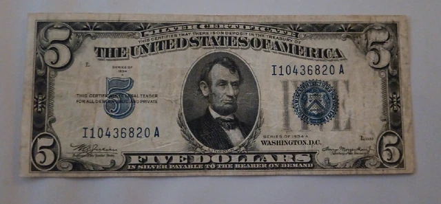 U.S. $5 Dollars Silver Certificate Series 1934 A Banknote Nice