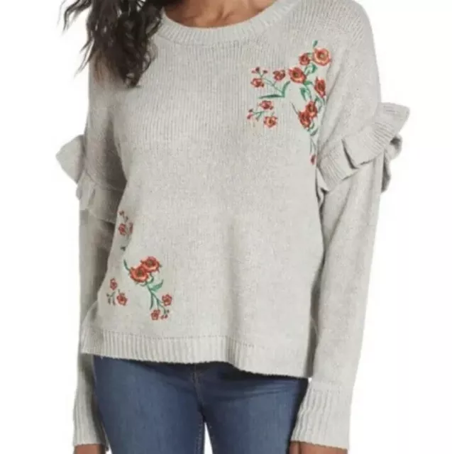 Woven Heart Gray Ruffle Sleeve Embroidered Floral Sweater M