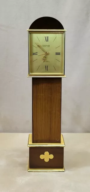 RARE 60s Looping Swiss "grandfather" table clock walnut & gilt-brass 8-day alarm 2