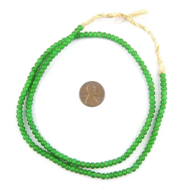 Green White Heart Beads 4mm Ghana African Seed Glass 24 Inch Strand Handmade