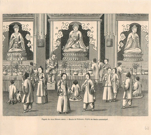 Pagode des Trois Déesses Soeurs Temple Bouddha Chine GRAVURE ANTIQUE PRINT 1870
