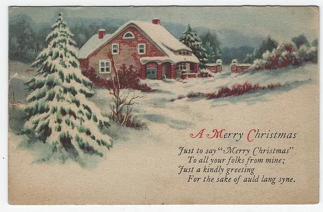 Merry Christmas Postcard Snowy House Pine Trees 1926 Vintage Holiday Greetings