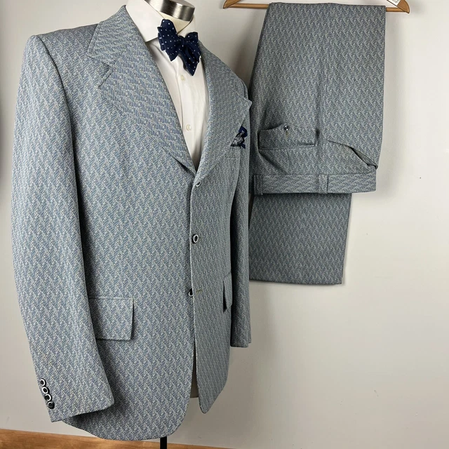 WILD VTG 70s Custom Tailored 40L abstract blue polyester suit 33 x 34 pants
