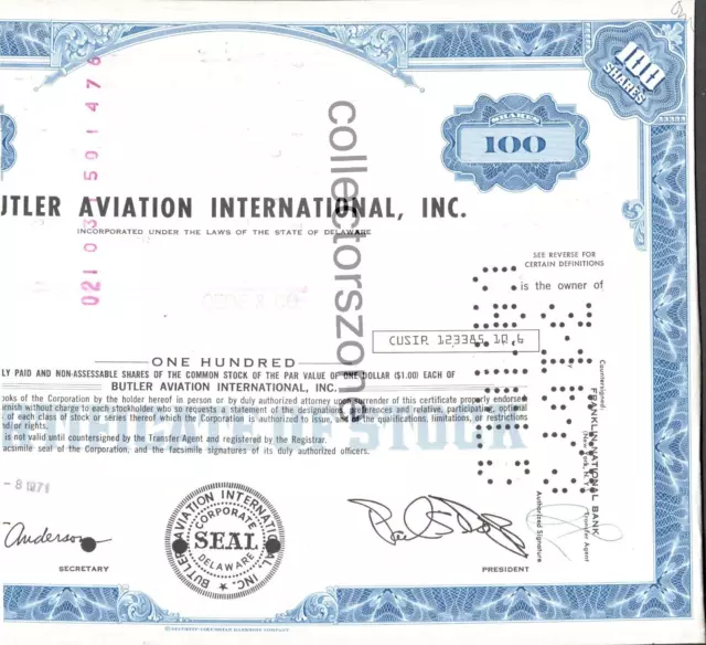 1971 Butler Aviation 1947-2009 Obsolete share certificate Cancellation punched