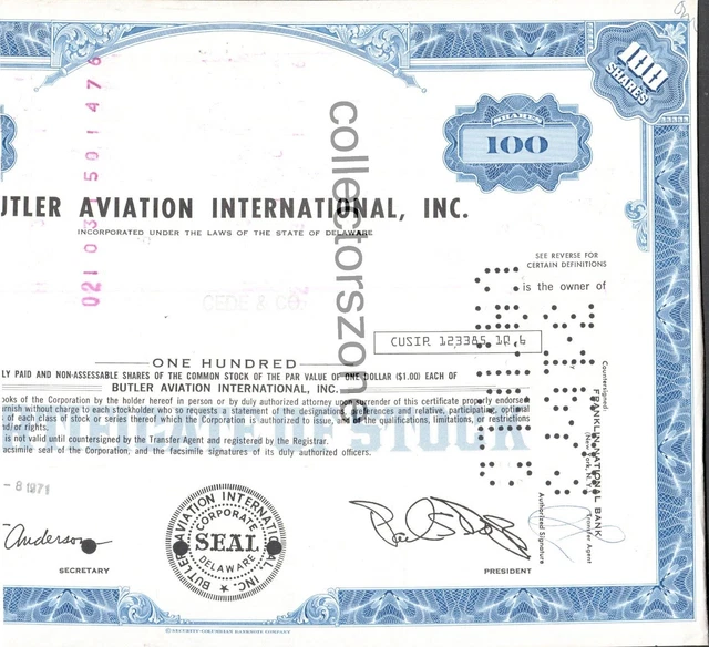 1971 Butler Aviation 1947-2009 Obsolete share certificate Cancellation punched