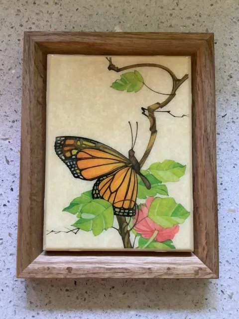Vintage Butterfly Tile Framed In Wood Wall Decor