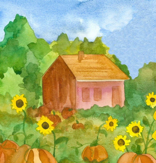 Cottage Sunflowers Original Watercolor Painting Pumpkin Patch Autumn Field