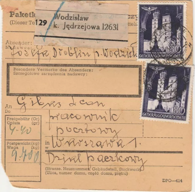 GG Paketkarte von Wodzislaw k.Jedrzejowa nach Warschau mit Mi-Nr: 47 , 50 (5x) .