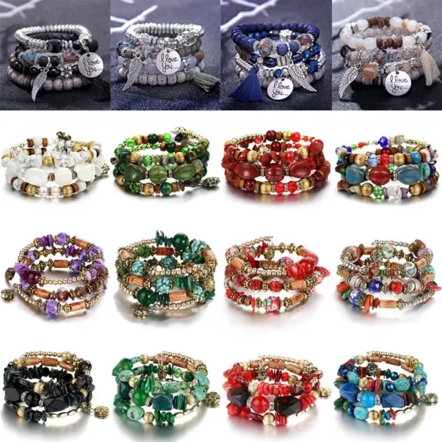 Women/Men Boho Multilayer Natural Stone Crystal Elastic Bangle Bracelet Jewelry