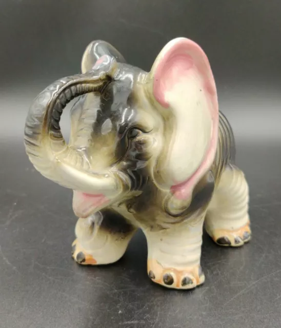 Vintage Wrinkled Ceramic Porcelain  Elephant Trunk Up Figurine Good Luck