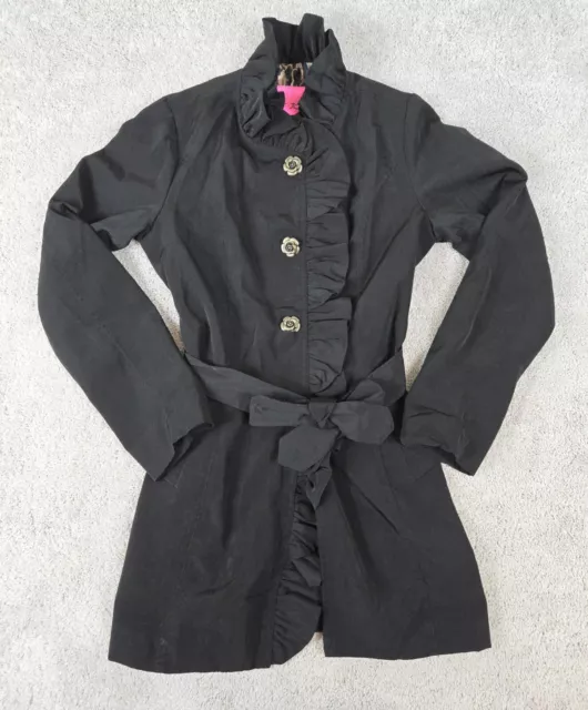 Betsey Johnson Black Rose Button Ruffle Belted Trench Coat Medium Rain Jacket