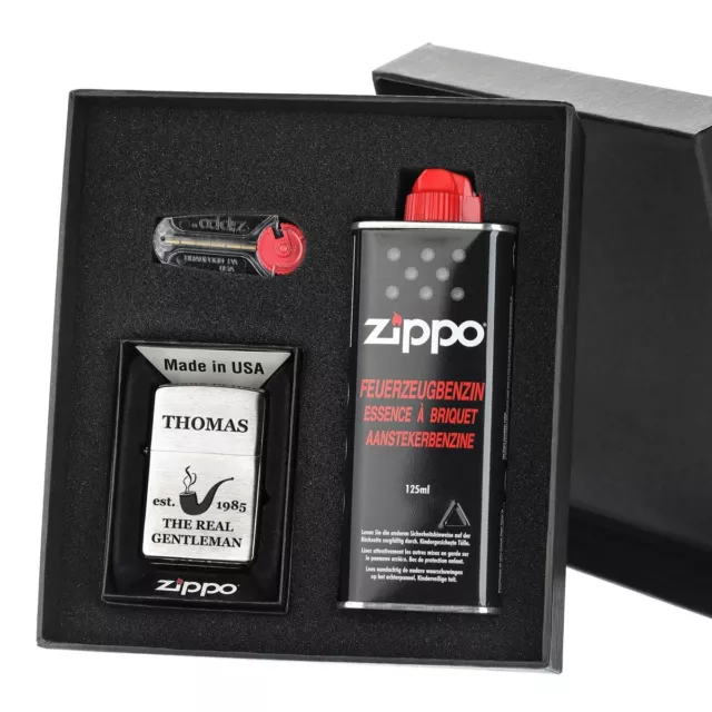 3-tlg. Sturmfeuerzeug-Geschenkset Zippo inkl. Gravur Motiv Real Gentleman