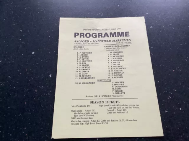 Salford V Mansfield Marksmen Rugby League Pre-Season Friendly Programme 1985