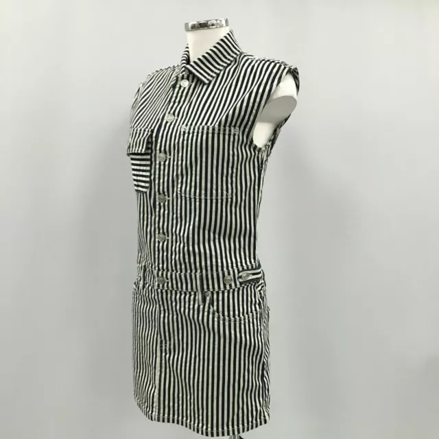 CURRENT/ELLIOTT Navy Blue Cream Striped Denim Shirt Dress Size 1 UK 8