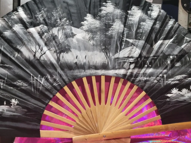Decorative Wall Fan With Painted Landscape Black And White