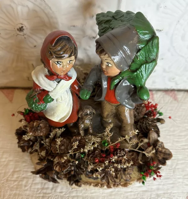 Vintage Ceramic Girl Puppy Boy Carrying Tree Christmas Figurine Birch Pine Comes 11