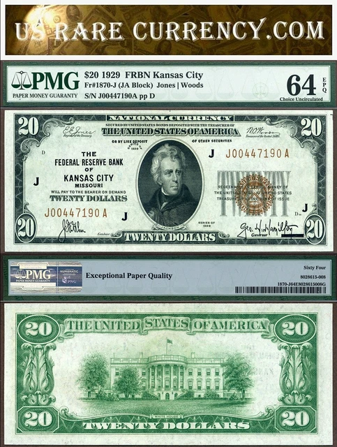 1929 $20 Federal Reserve Bank Note PMG Choice Uncirculated 64EPQ Kansas City MI