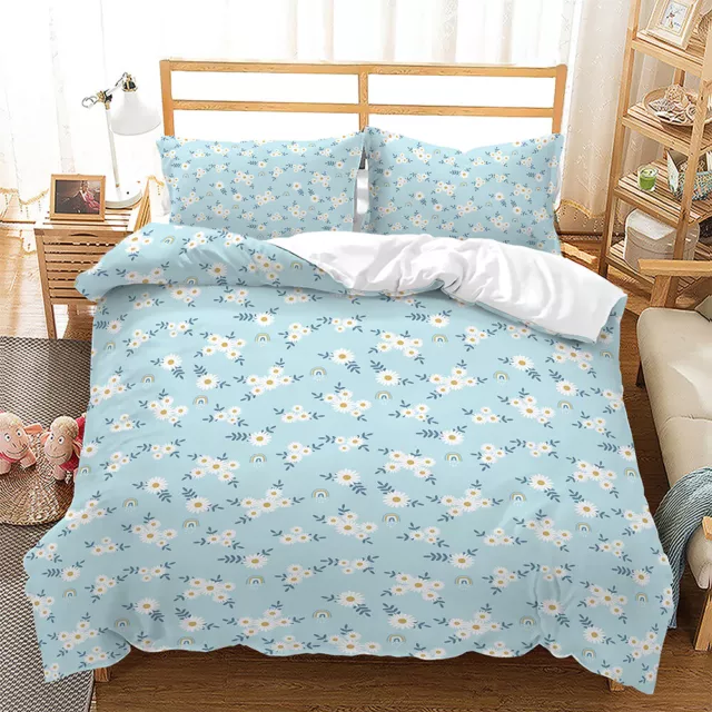 Blue Daisy Butterfly Floral Leaves Tree Red Gold Doona Duvet Quilt Cover Bed Set