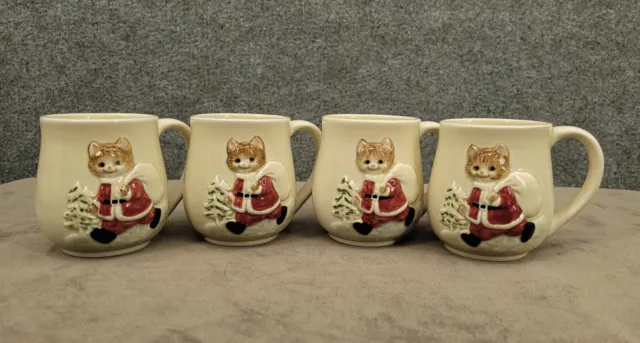 Otagiri Christmas Santa Cat Mugs Set of 4 Hand Painted Pot Belly Beige