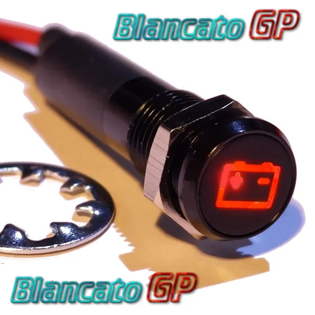 Spia luminosa LED 8mm con simbolo batteria 12V rosso nera quadro auto moto boat