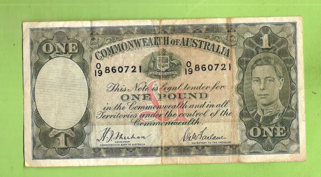 #D352. 1938 TYPE SHEEHAN /McFARLANE AUSTRALIAN ONE POUND £1 BANKNOTE #O19 860721