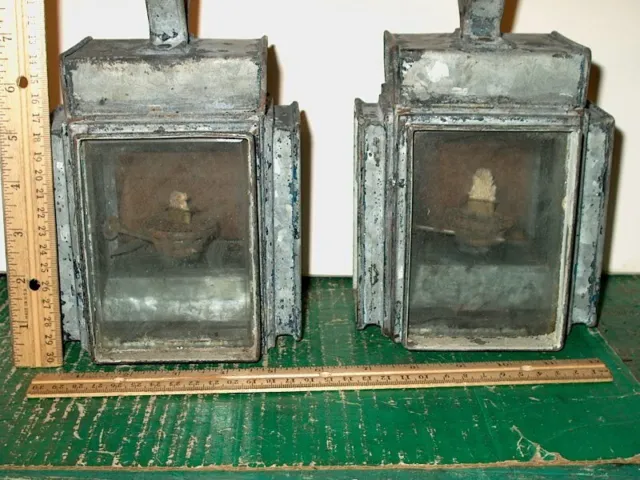 2 Antique Matching Hand Held Galvanized Metal Maritime Nautical Lights-Burners