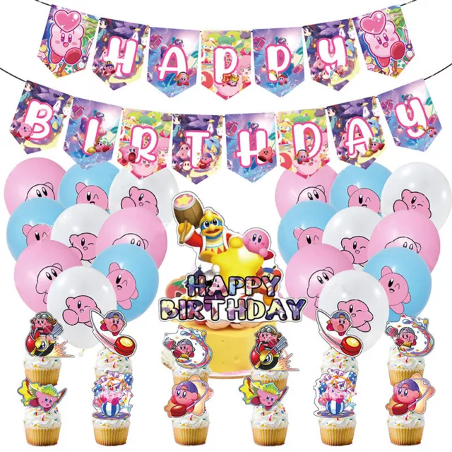 Cartoon Kirby Theme Backdrop Happy Birthday Party Decorations Supplies Set