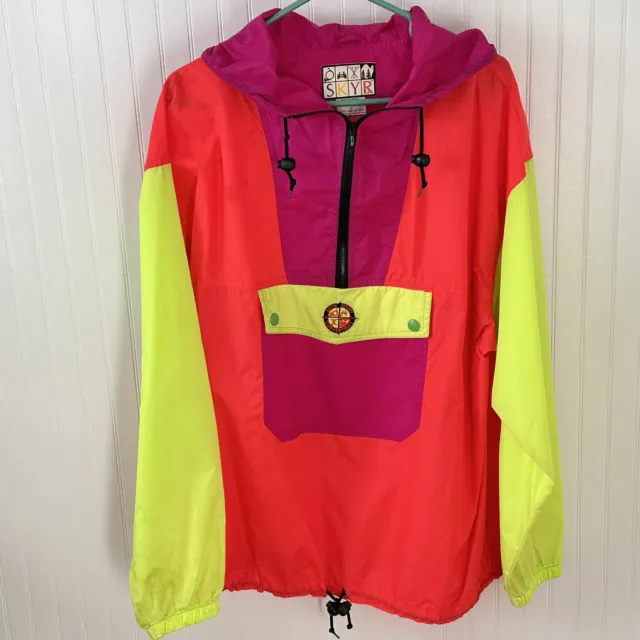 Vintage SKYR Neon Day Glo Pullover Windbreaker Ski Hoodie Unisex Size Medium EUC