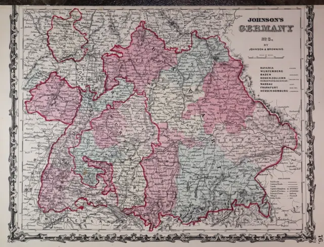 Antique 1862 Johnson Atlas Map ~ GERMANY #3 ~ (14x18) Free S&H -#1401