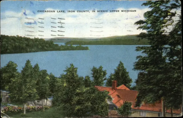 Chicagan Lake Iron County Upper Michigan ~ vintage postcard mailed 1954