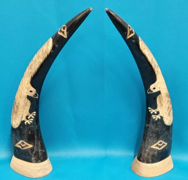Pair Of Hand Carved Buffalo Horns Hawk Carving